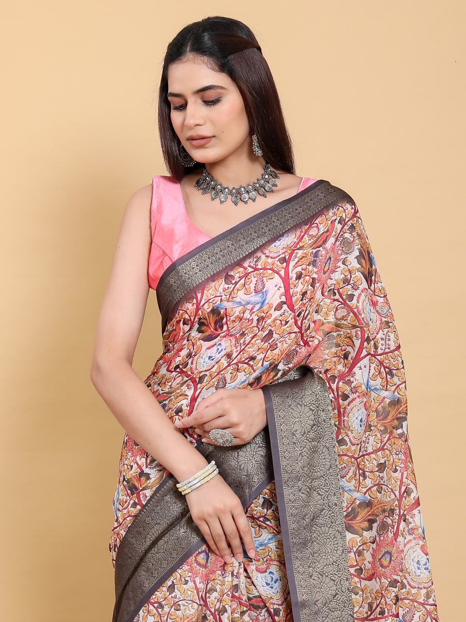 Artistic Pink Linen Cotton Saree | Multi-Print Kalamkari & Fresco Design